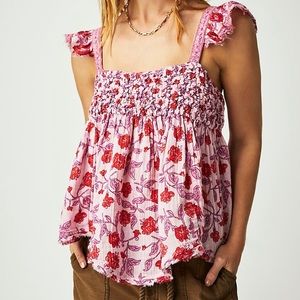 Free People Nala Printed Babydoll top tank blouse pink purple red floral shirt